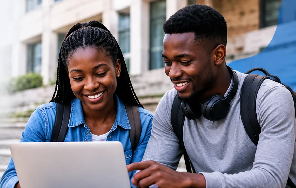 Illustrative image of two young people looking at a laptop; edited from the design reference.